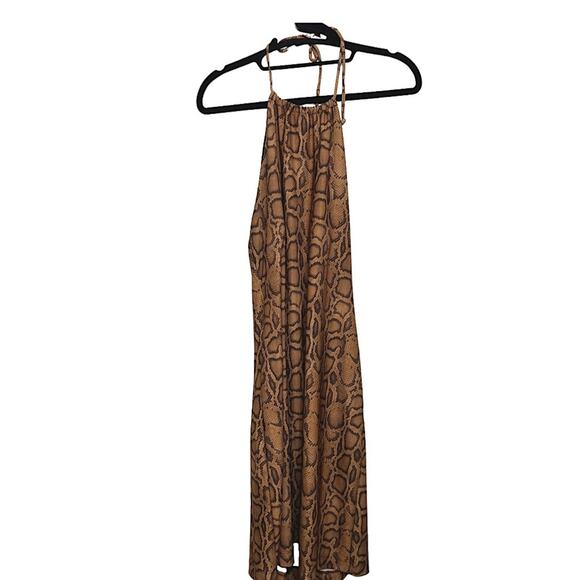 Vintage Dresses & Skirts - Vintage Y2K No Boundaries Tan Halter Tie Up Tank Reptile Snake Print Mini Dress